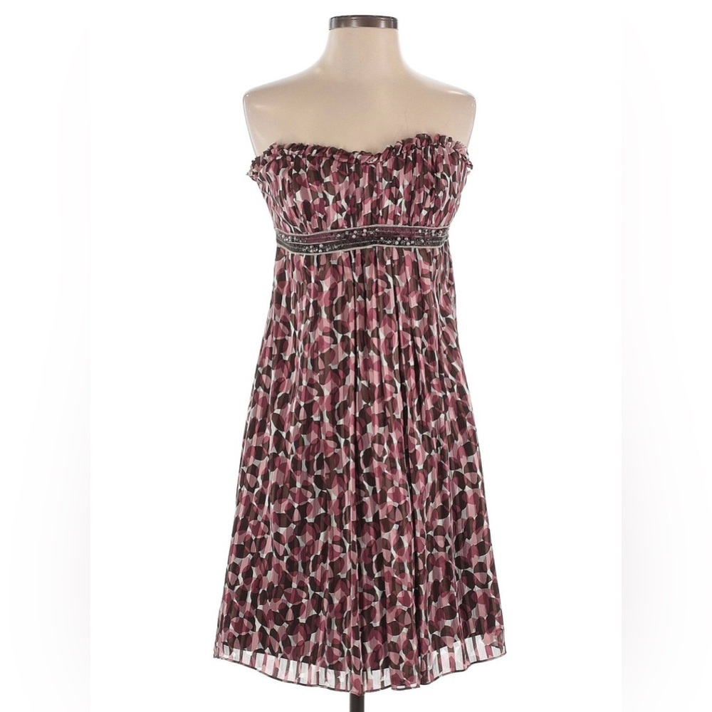 BCBG Max Azria strapless silk dress circle pattern beaded waist size 8